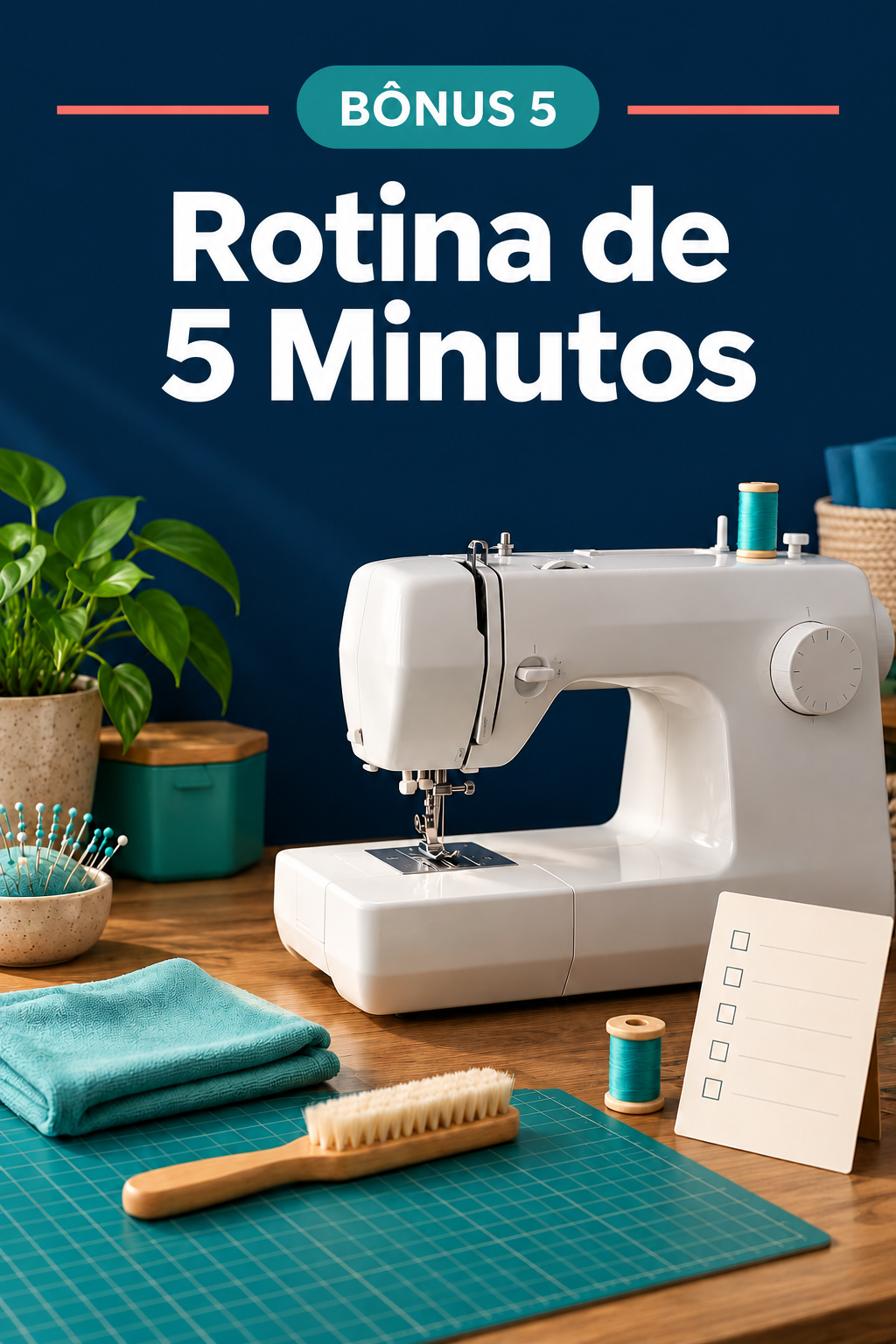 Capa do Bônus 5, Rotina de 5 Minutos, com máquina de costura, escova de limpeza e checklist sobre a mesa