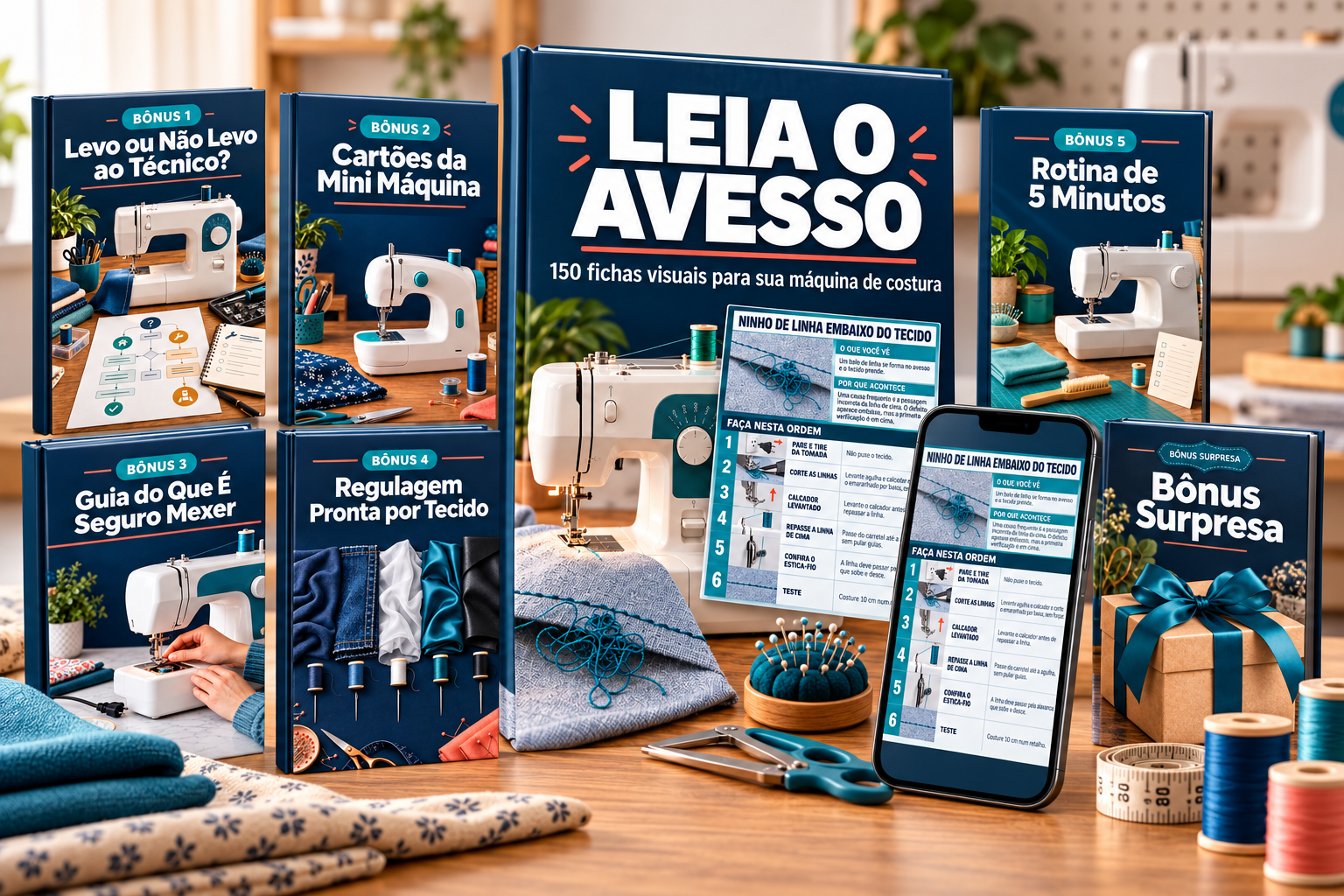 Mockup da oferta: fichário principal Leia o Avesso com os seis bônus e um celular mostrando uma ficha