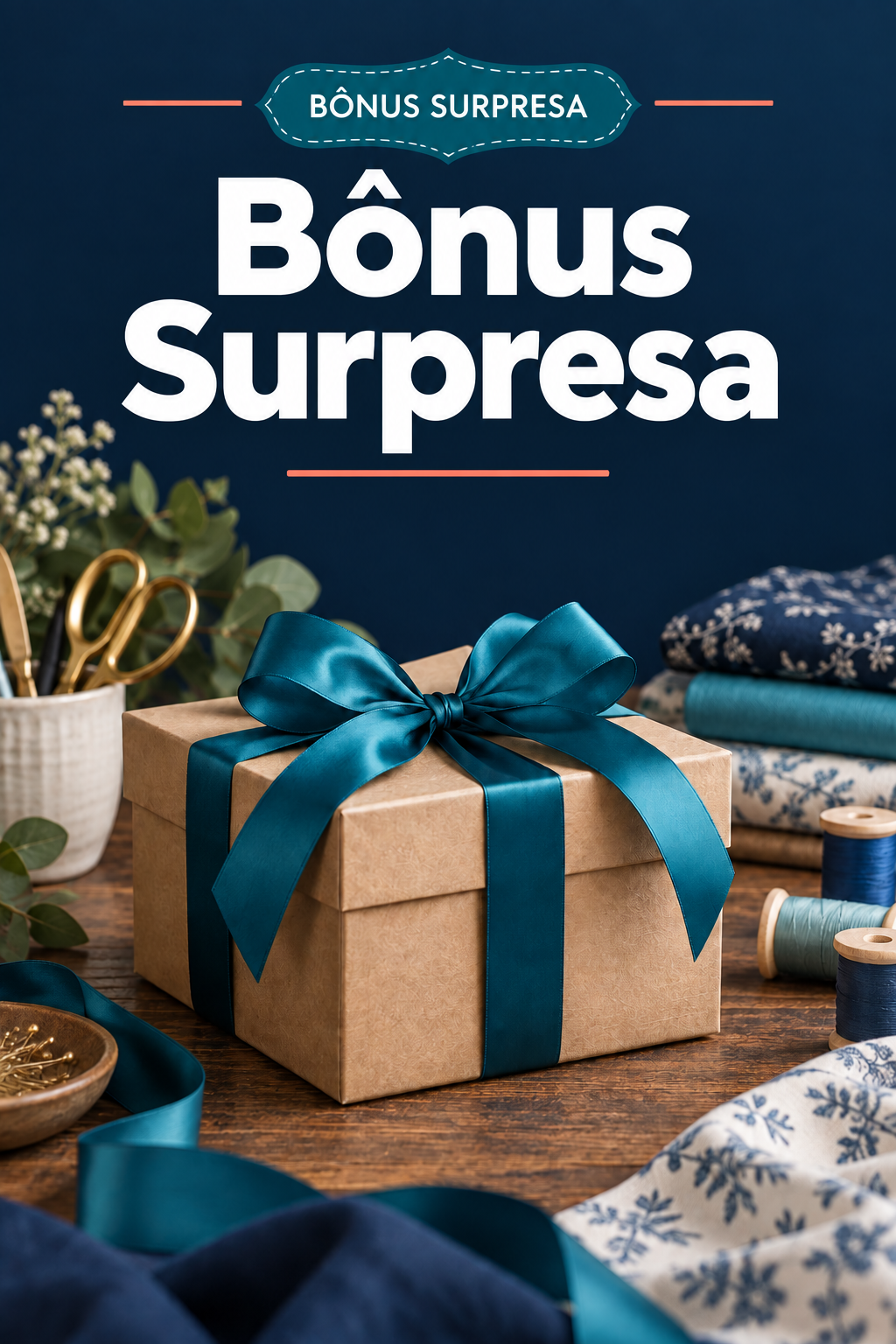 Capa do Bônus Surpresa, com uma caixa de presente lacrada sobre a mesa de costura