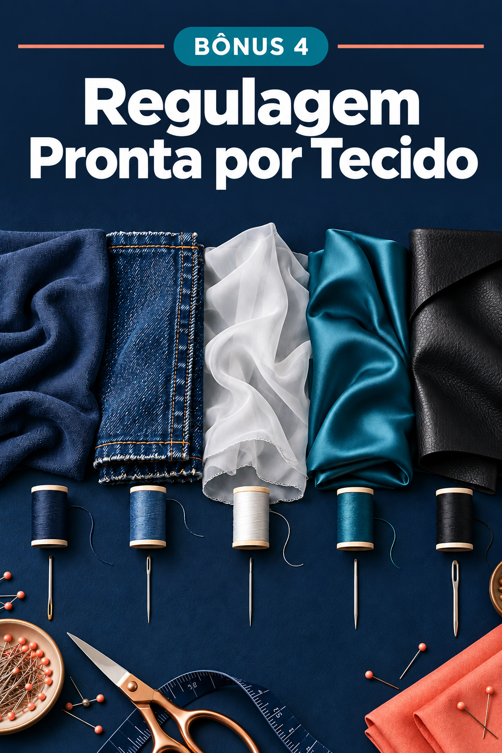 Capa do Bônus 4, Regulagem Pronta por Tecido, com carretéis, agulhas e tecidos variados