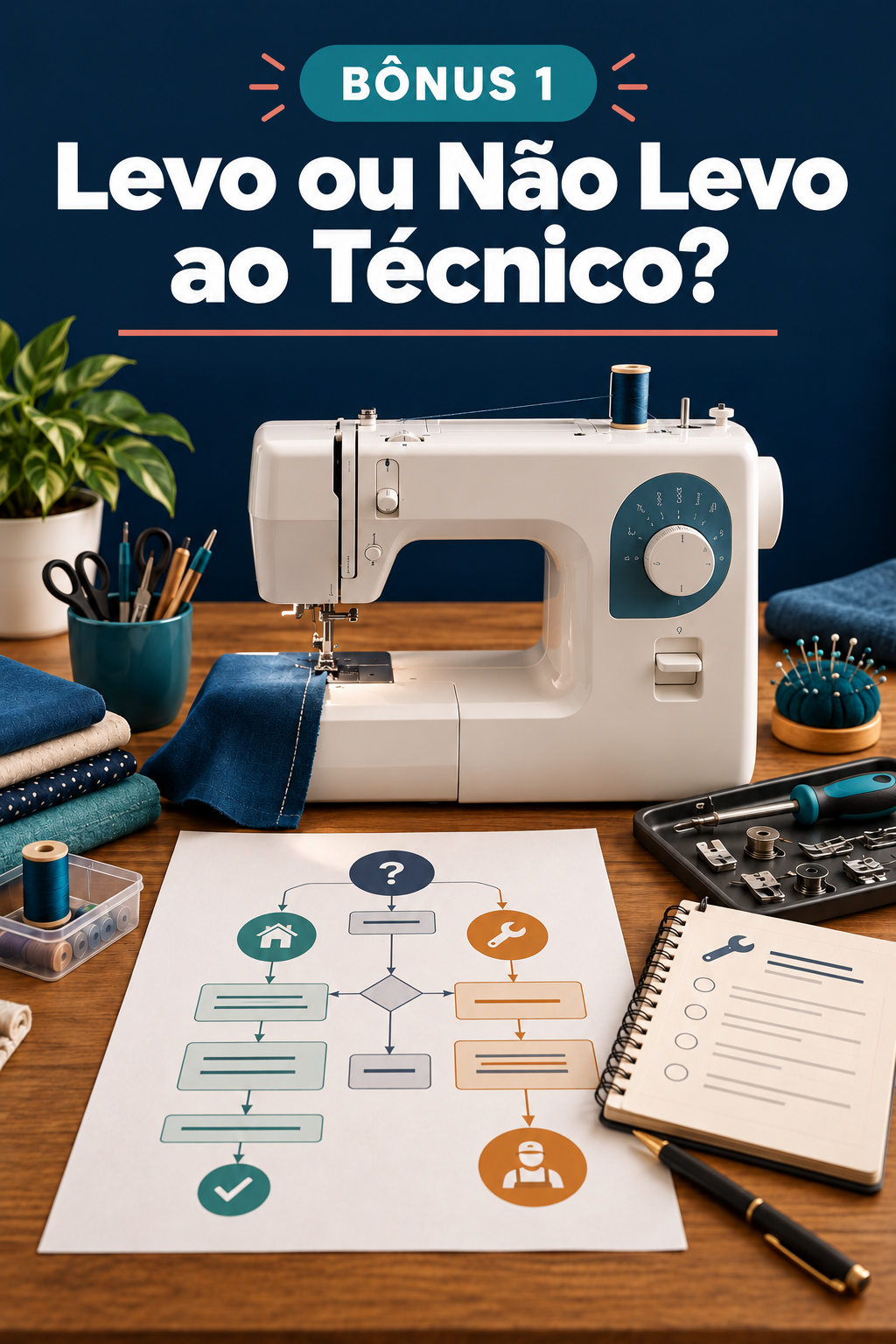 Capa do Bônus 1, Levo ou Não Levo ao Técnico, com máquina de costura e árvore de decisão sobre a mesa