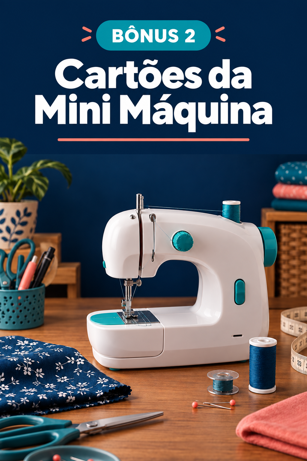 Capa do Bônus 2, Cartões da Mini Máquina, com uma mini máquina de costura branca sobre a mesa