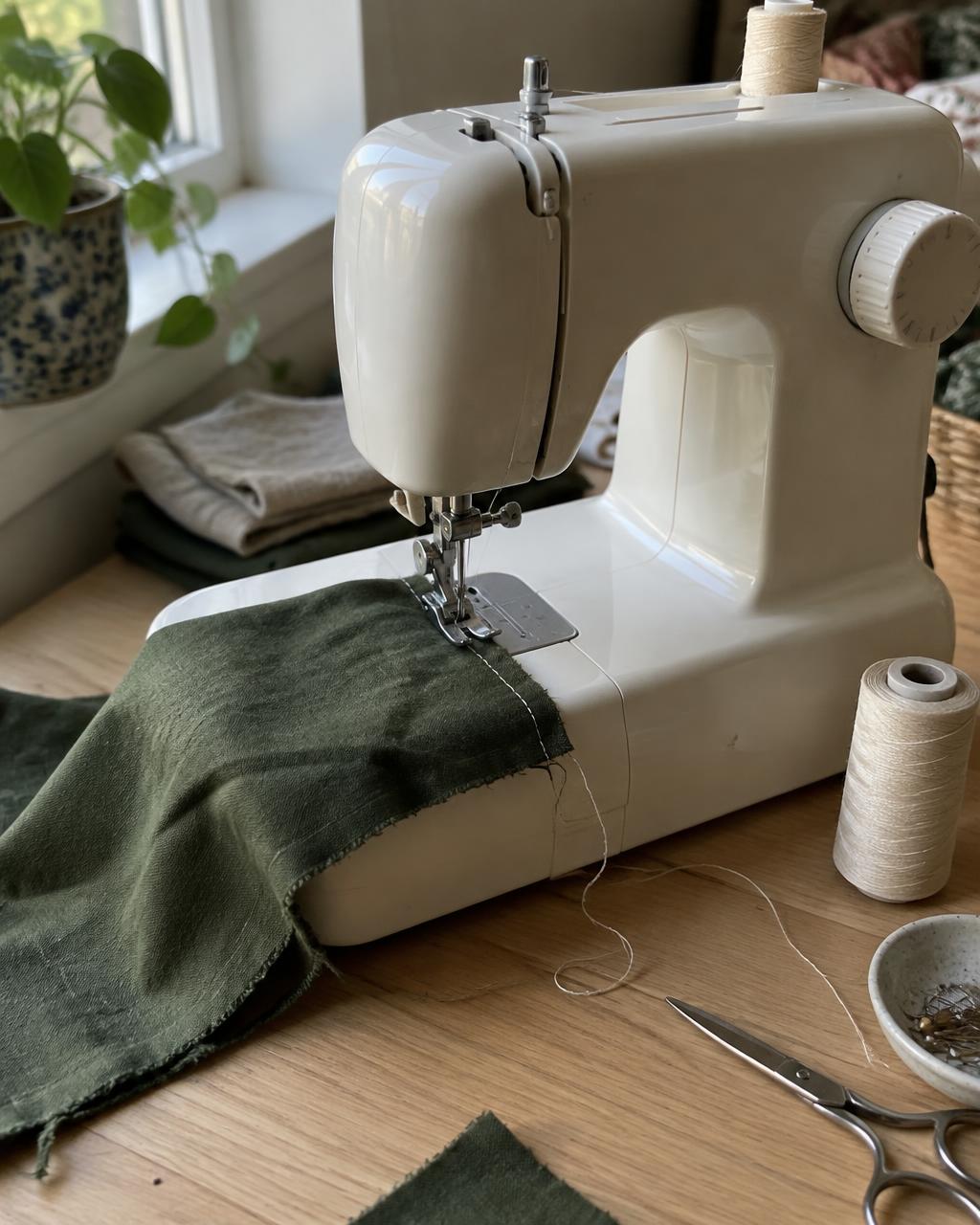 Mini máquina de costura portátil sobre uma mesa caseira com tecido e carretel