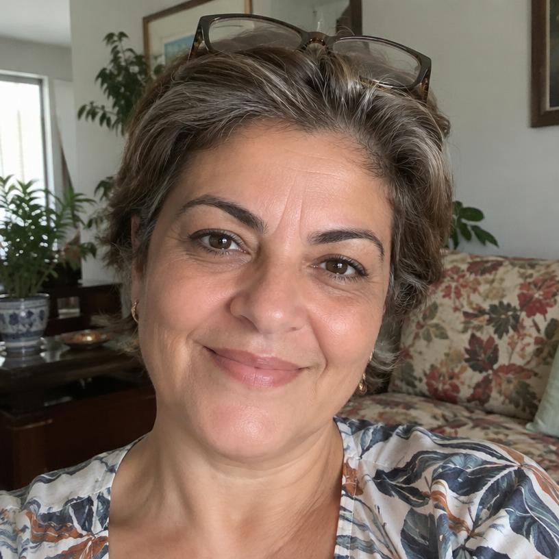 Foto de perfil de Patrícia, mulher de cabelo curto com fios grisalhos, sorrindo na sala de casa