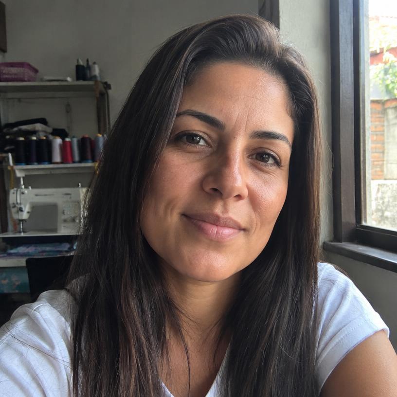 Foto de perfil de Rosana, mulher de cabelo longo escuro, perto da janela com a máquina ao fundo